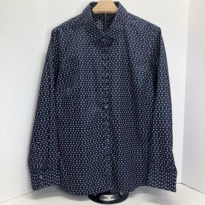 Lands End Womens Navy Blue Pink Polka Dot Supima Cotton Button Dn Shirt Size 20